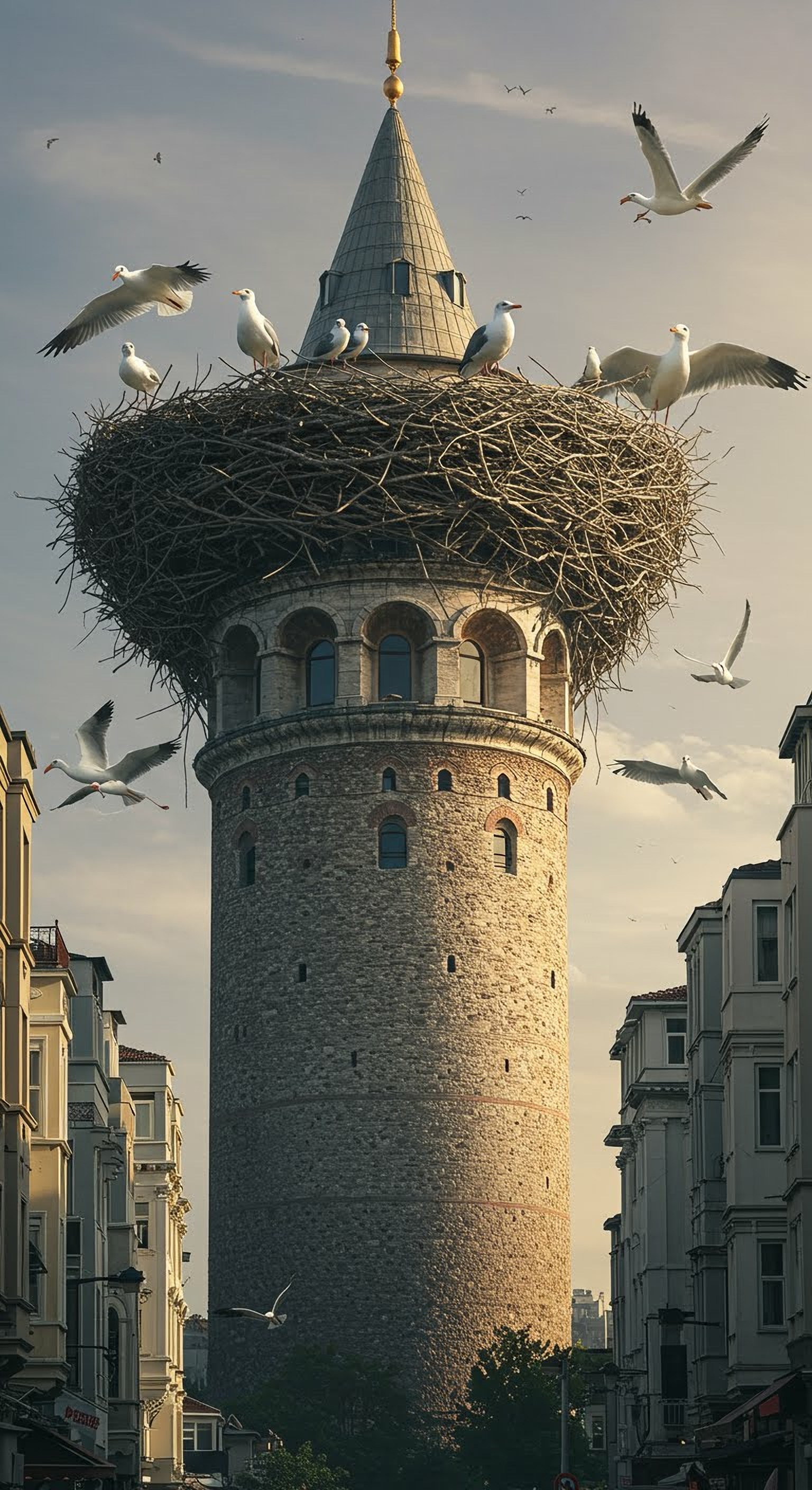 Tower with giant bird nest