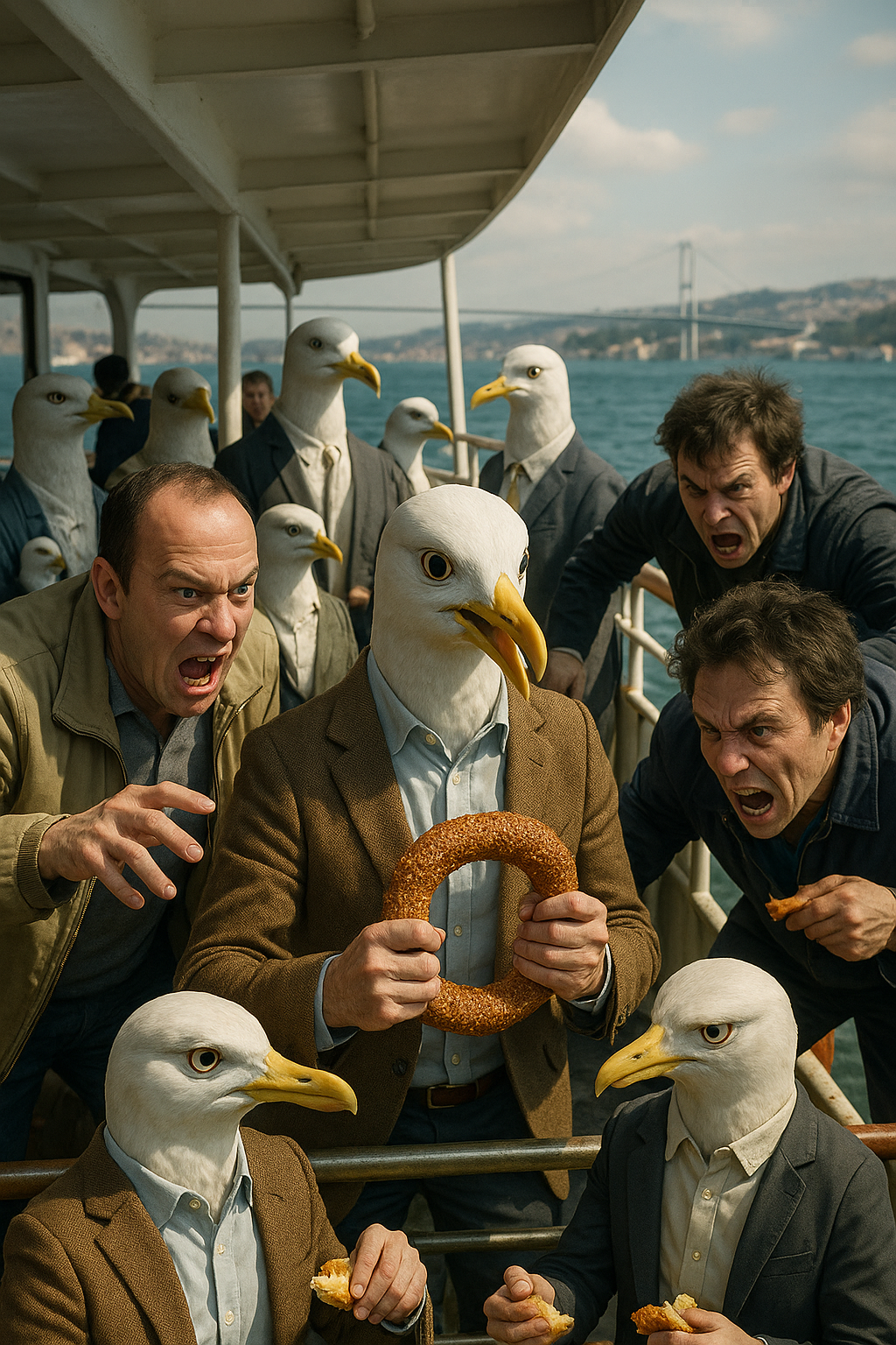 Seagull-headed people on ferry