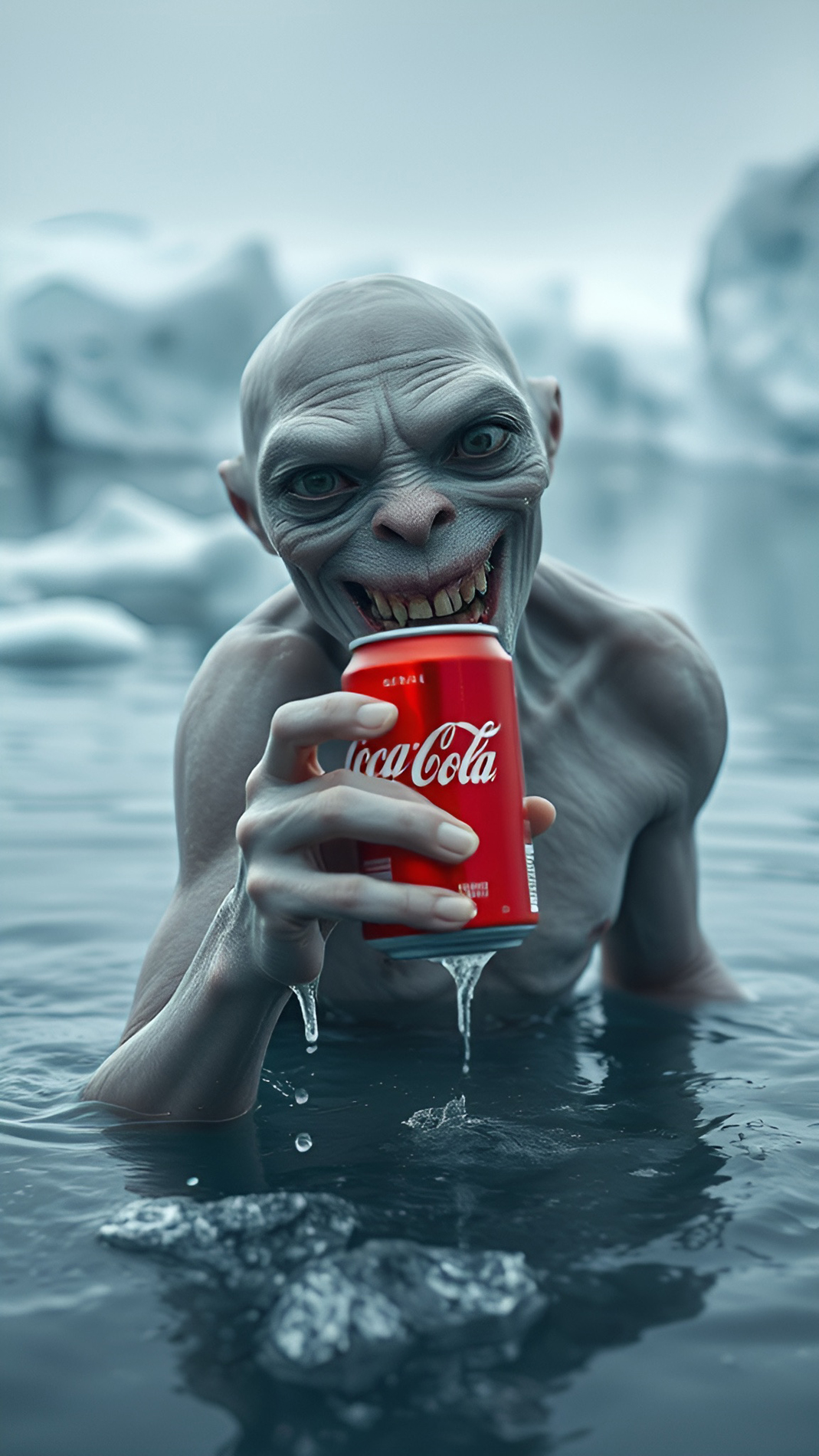 Gray creature with Coca-Cola can