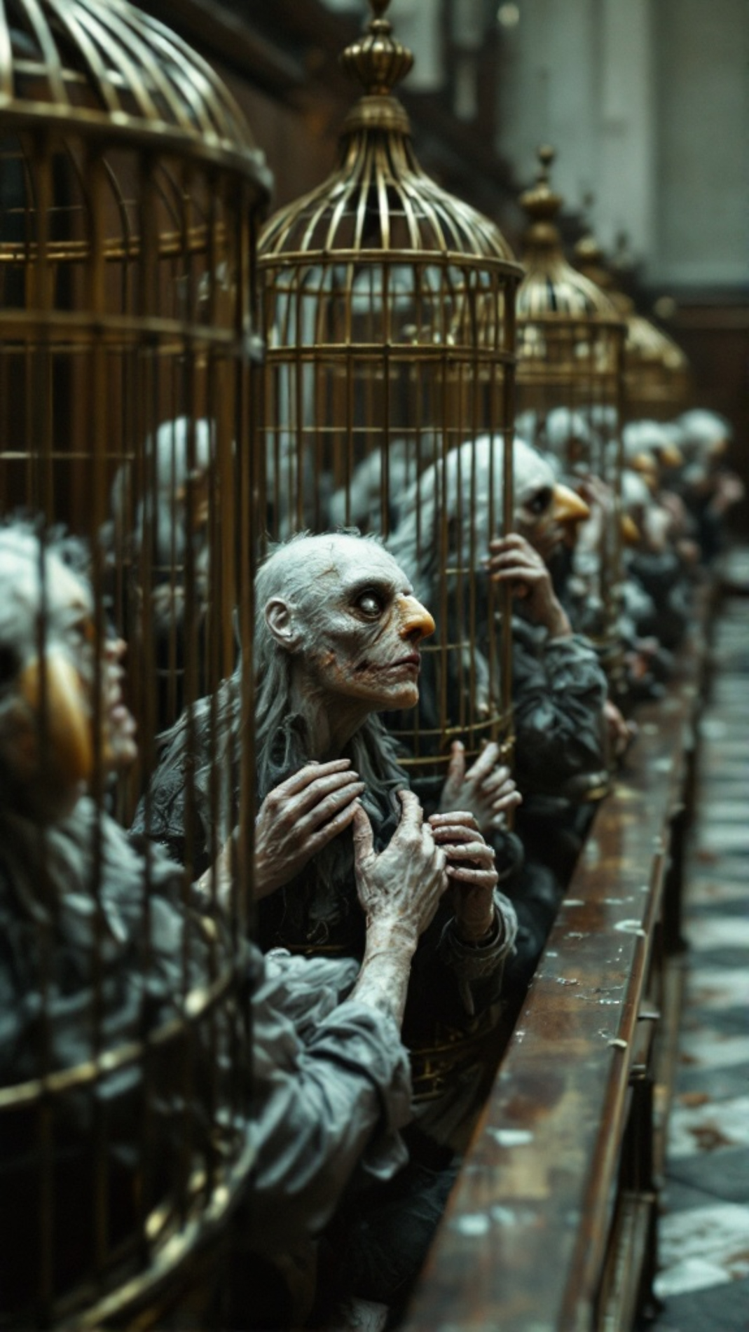 Bird-like humans in cages