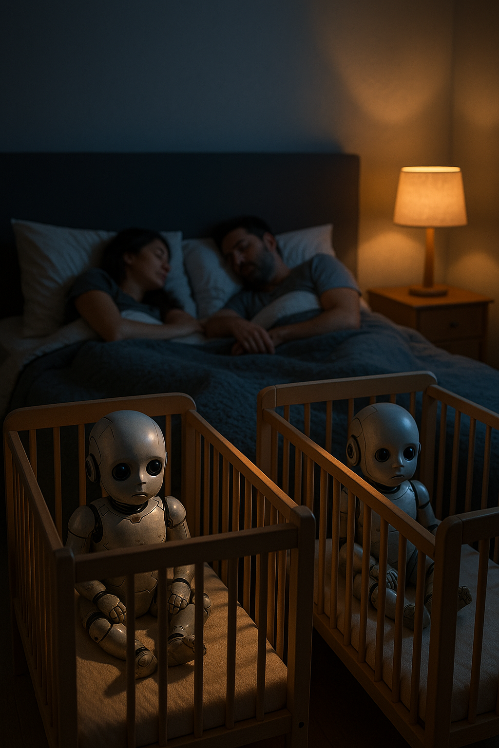 Robot babies in cribs