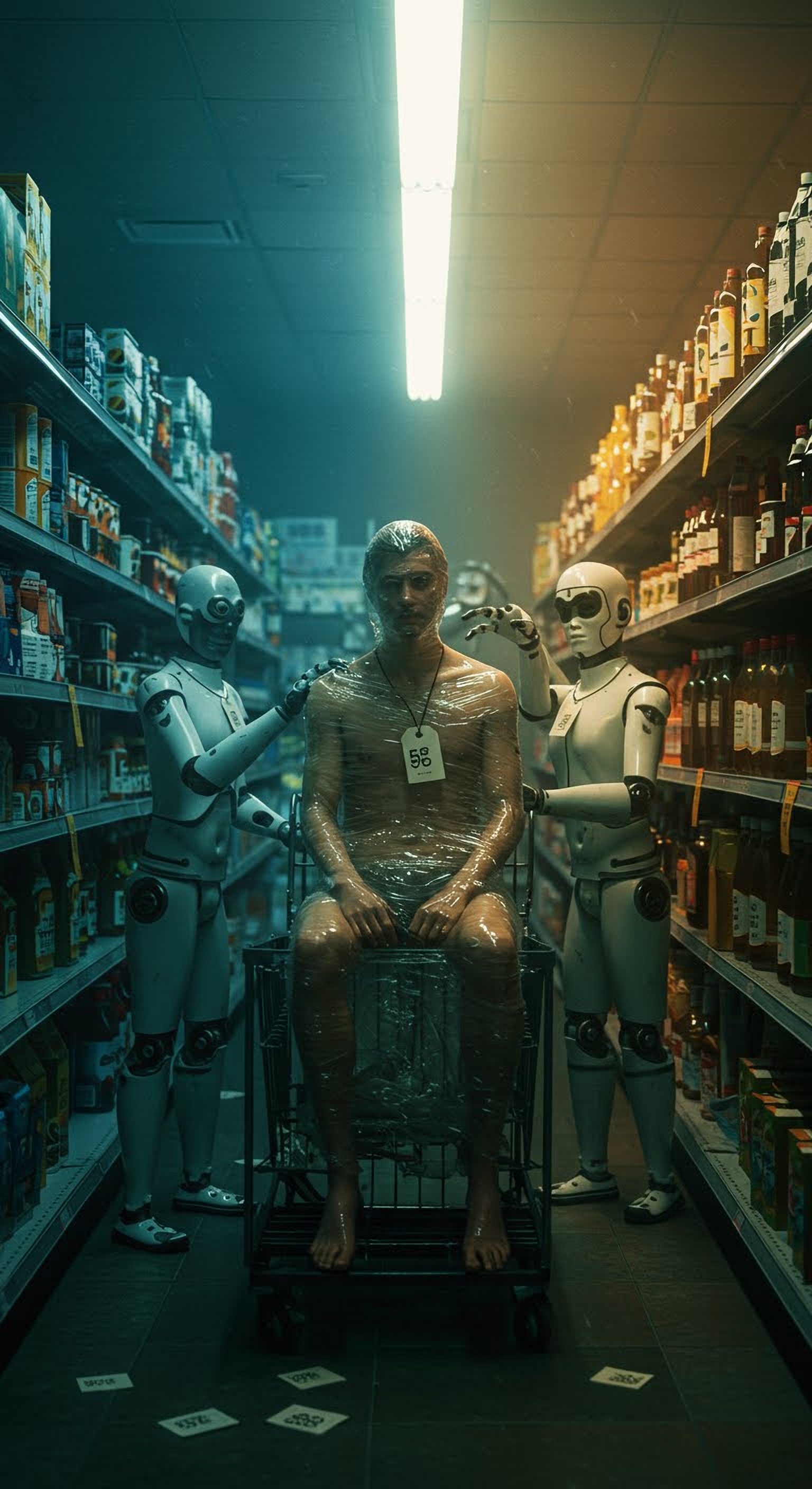 Plastic-wrapped human in shopping cart